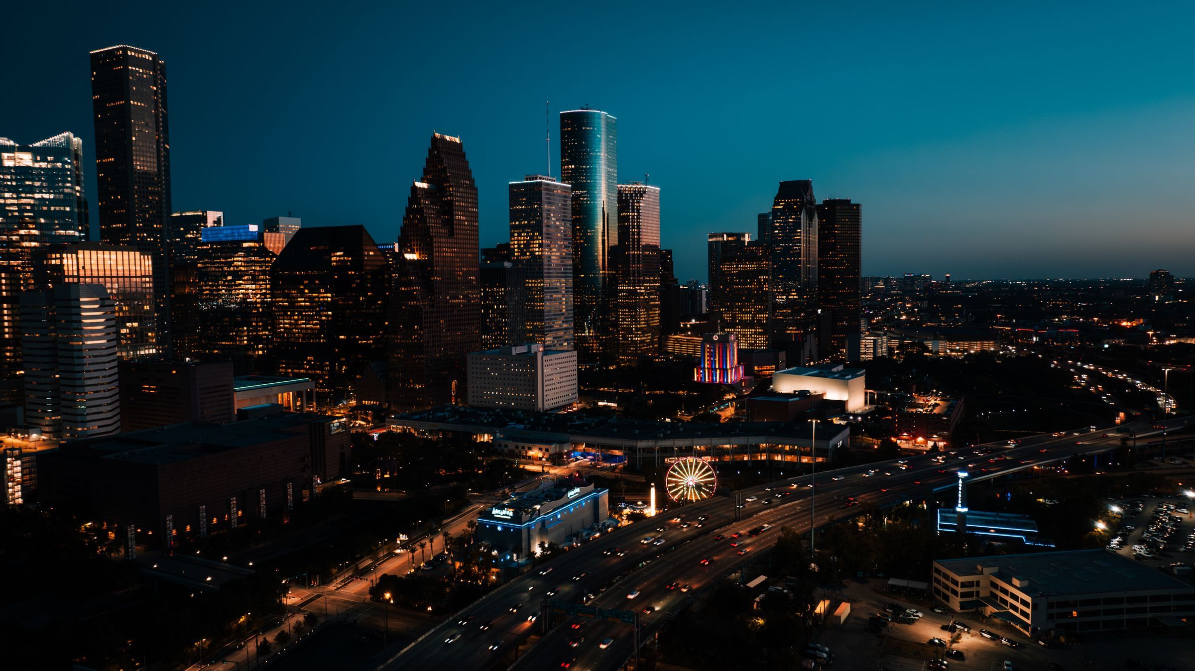 Downtown Houston from the air at dusk